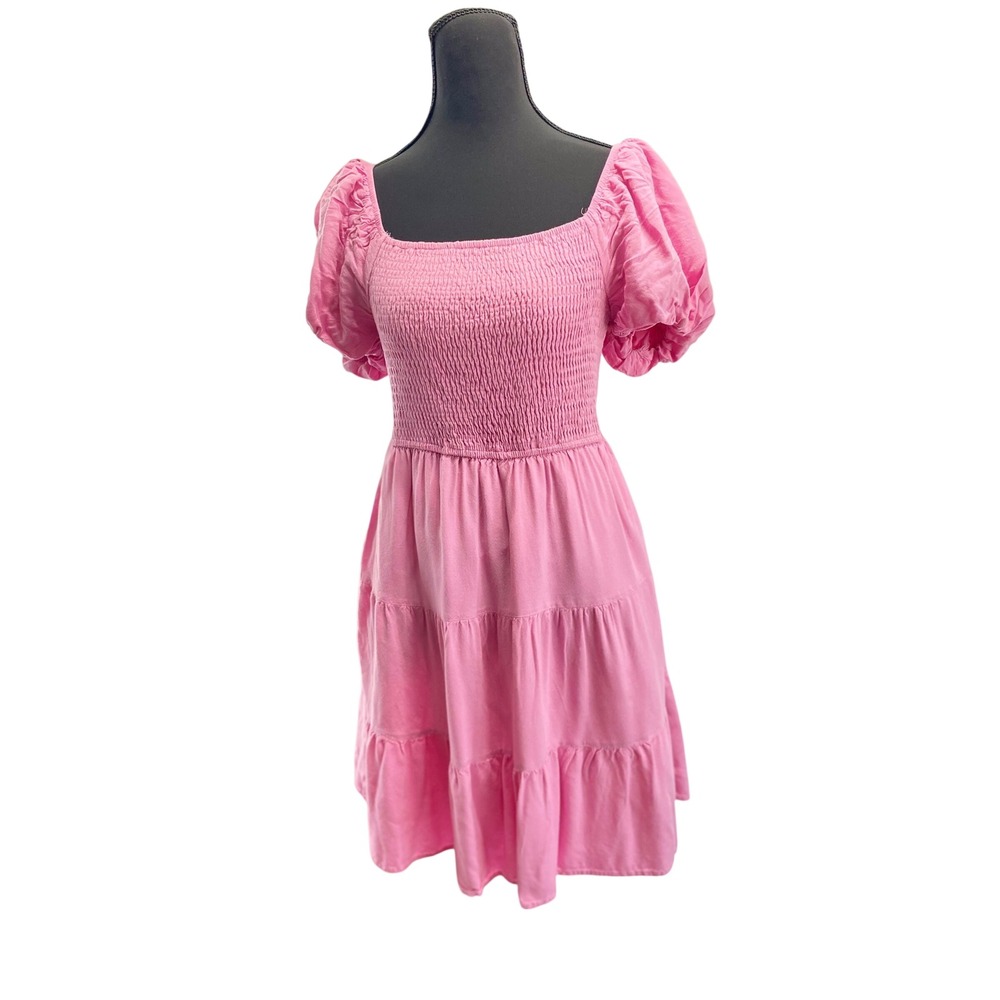 ZESICA Smocked Tiered Mini Dress Women Medium Pink Puff Sleeve Square Neck Rayon